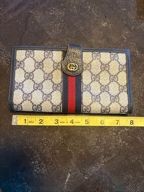 Gucci Beige GG Canvas Wallet with Blue and Red Web Stripe